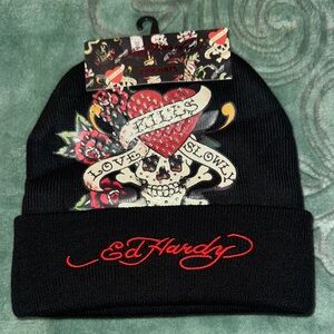 Ed Hardy Black Beanie with Skull and Heart Motif